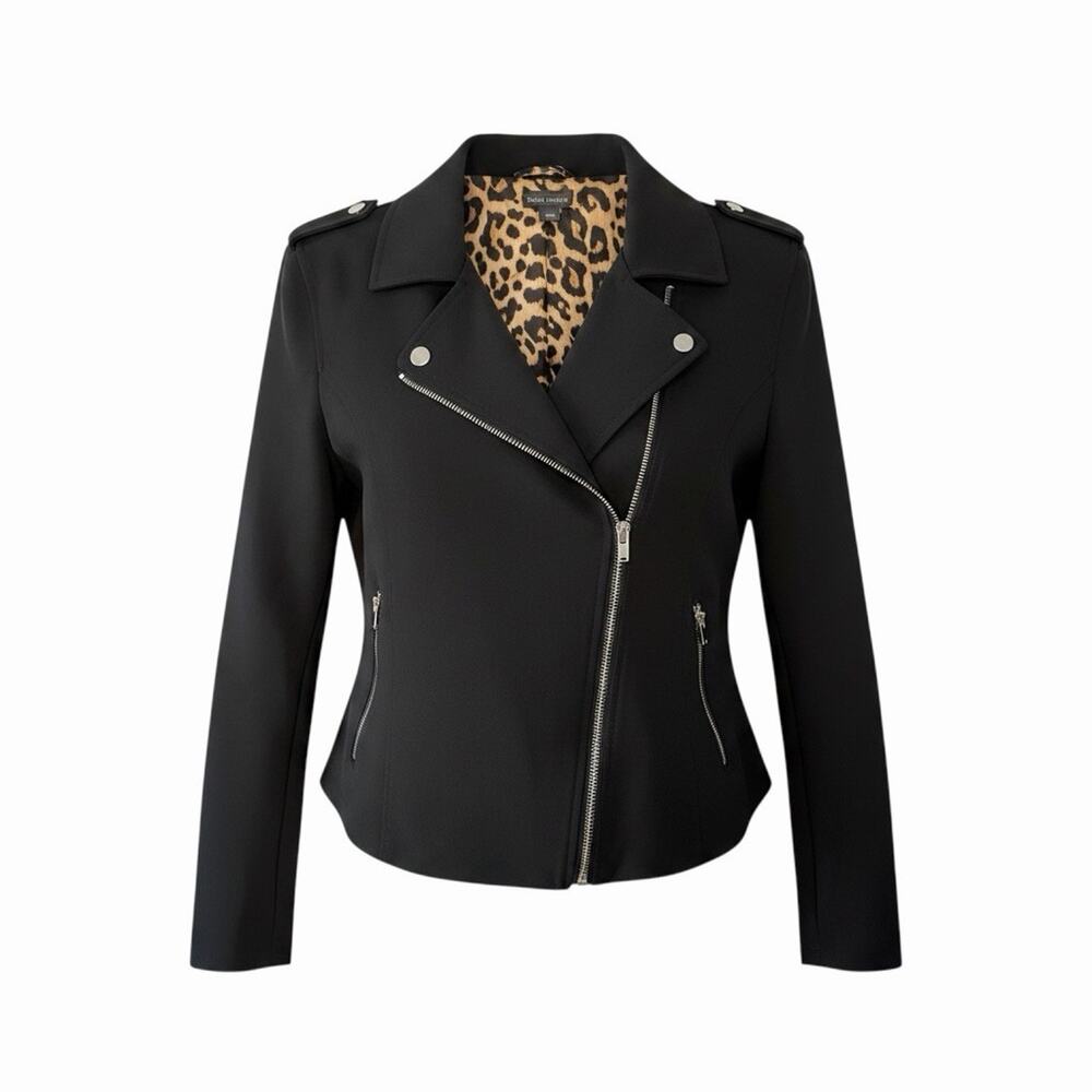 Bold Elements Black Moto Jacket Large Leopard Print Lining Asymmetric Zip Biker
